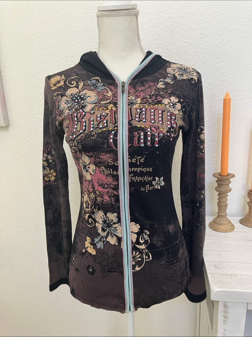 Y2k Vanilla Sugar Black Floral Zip Hoodie with Pink & Cream Accents